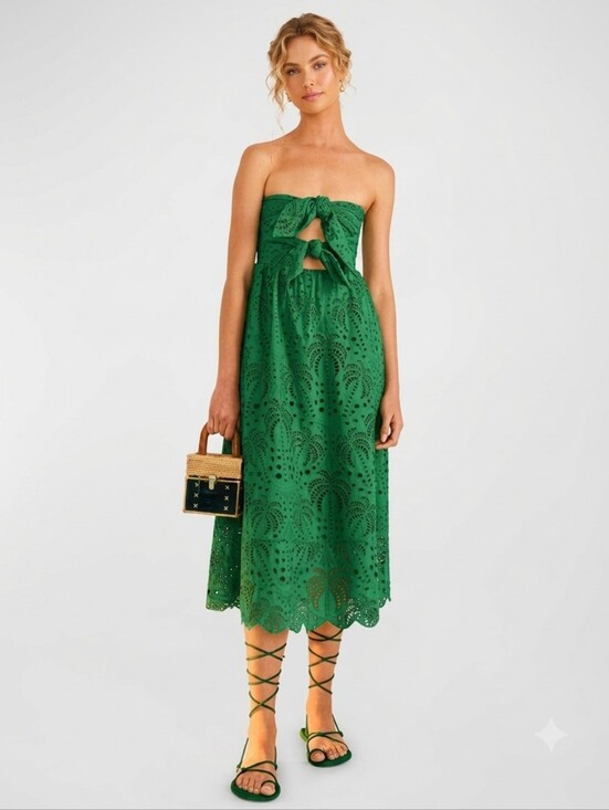 FARM Rio Dresses & Skirts - NEW FARM RIO Green Coconut Tree Richelieu Midi Dress Cotton Summer Resortwear L